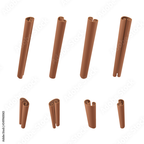 Set of realistic Cinnamon Sticks. Aromatherapy stick. Aromatic, flavorful spice for cooking, baking, health food and medicinal uses.  Herbs and spices collection.