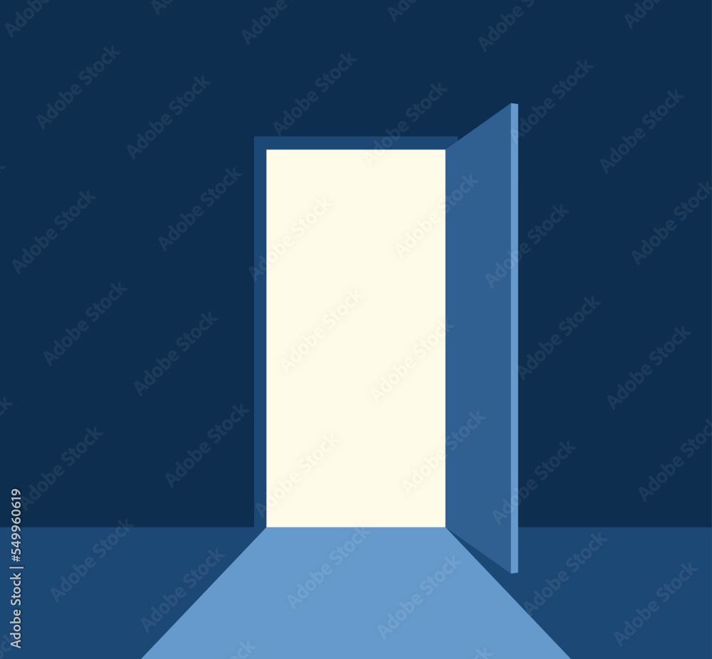 Light from an open door coming into a dark room. Concept of hope, light at the end of the tunnel and new opportunities. Flat vector illustration Light from an open door coming into a dark room. Concept of hope, light at the end of the tunnel and new opportunities. Flat vector illustration