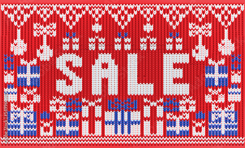 Winter Sale, New year knitted banner with xmas gifts box, vector illustration