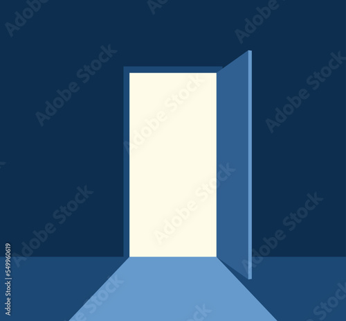 Light from an open door coming into a dark room. Concept of hope, light at the end of the tunnel and new opportunities. Flat vector illustration