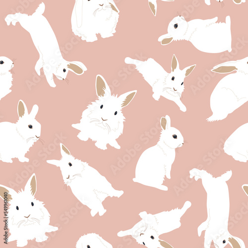 Seamless pattern with white rabbits in different poses and with different emotions, fluffy bunnies. Colored pastel illustration stickers isolated on pink background.