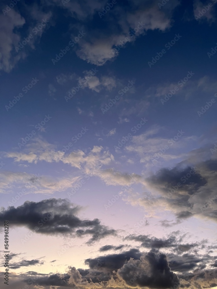 Evening violet sky with clouds, twilights heavens background