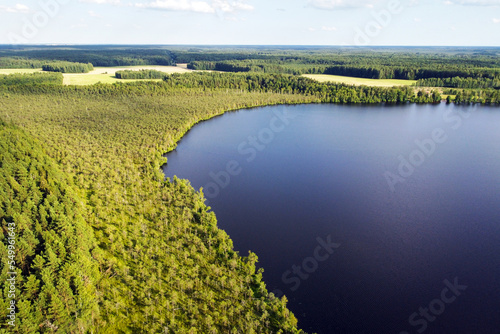 Aerial view of lake and forest. Summer lake, aerial landscape, beautiful nature