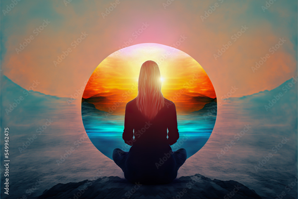 Woman in yoga meditation and power of  reiki healing , uses aspects of music to improve health and well being.  help your meditation and relaxation and slow life generative ai  - obrazy, fototapety, plakaty 