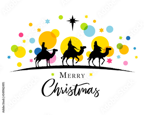 Three wise men in silhouette on colored confetti and stars. Nativity scene with three kings, camels and Bethlehem star. Vector illustration