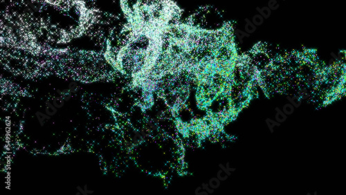 3D rendering of turbulent mass of glowing, colorful particles on black background