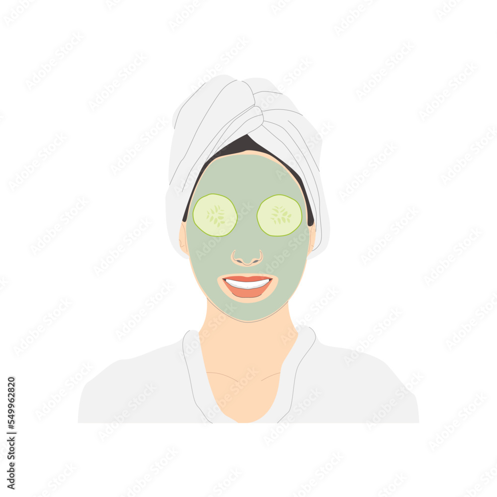 Cosmetic face care, smiling woman with cucumbers on her eyes and applied green mask on her face for good skin condition, vector isolated on white background.