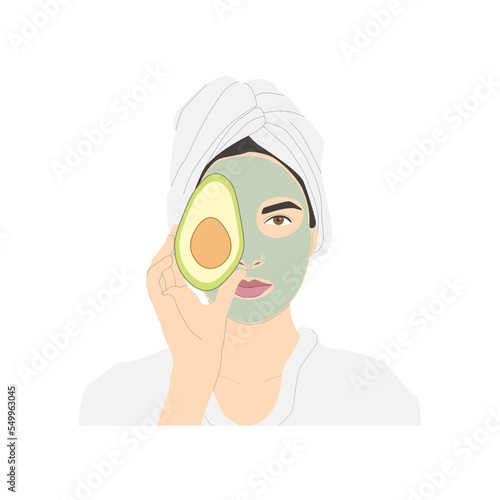 Cosmetic face care, smiling woman with green face mask for good skin condition, holding avocado in hand, vector isolated on white background.