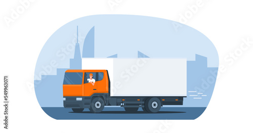 Box truck with a driver rides on the background of an abstract cityscape. Vector illustration.