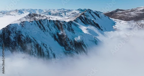 Aerial snow mountain landscape with mist clouds floating in the valley at Sichuan China Jiajin mountain photo