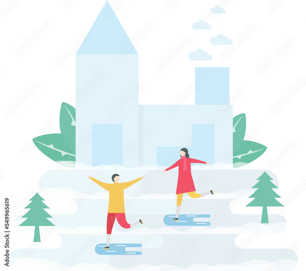 Lover plays ice skating. Scene is designed for winter season. Illustration is in flat style. Lover plays ice skating. Scene is designed for winter season. Illustration is in flat style.