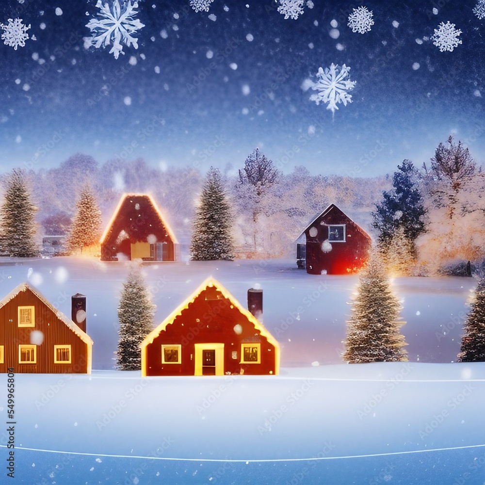 Christmas Winter Panorama with Wooden Houses with Christmas String Lights in Cold Snow Landscape and Glowing Golden Lights in Background Christmas Winter Panorama with Wooden Houses with Christmas String Lights in Cold Snow Landscape and Glowing Golden Lights in Background