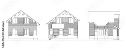 Contour architectural detached single-family house
facade of the house. White silhouette of a cottage type house. Isolated. illustration project front view side view
