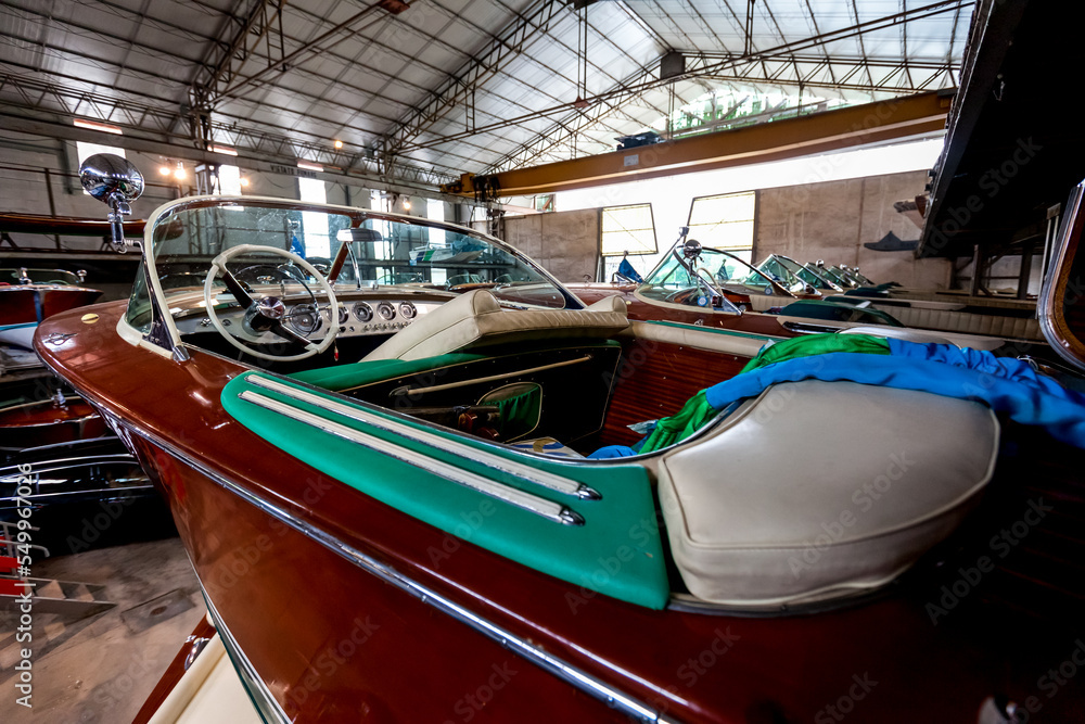 Classic wooden motor boats in shipyard Classic wooden motor boats in shipyard
