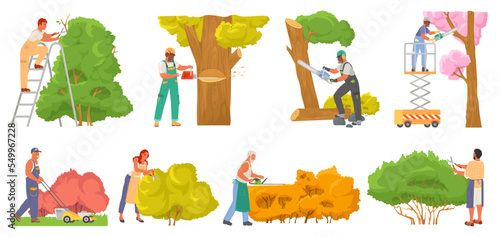 Gardener worker pruning tree plant vector set