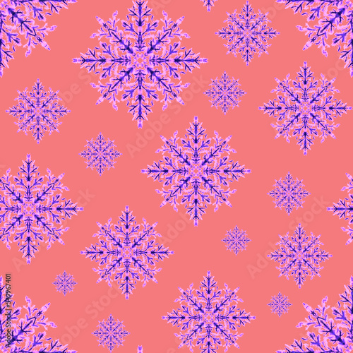 Watercolor seamless pattern with snowflakes. Great Christmas allover print for wrapping paper or textile. Winter design. 