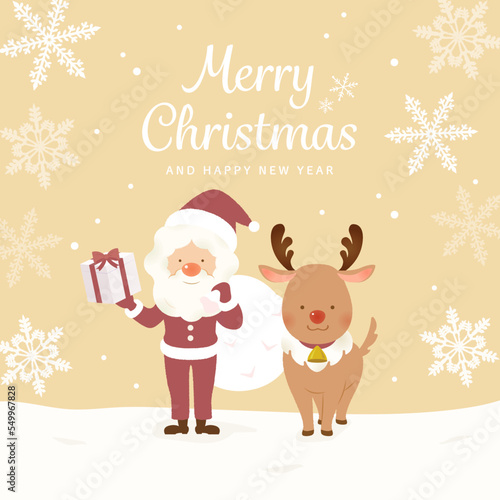 Christmas Illustration of Santa Claus and Reindeer in Snow Field © BAMBOO