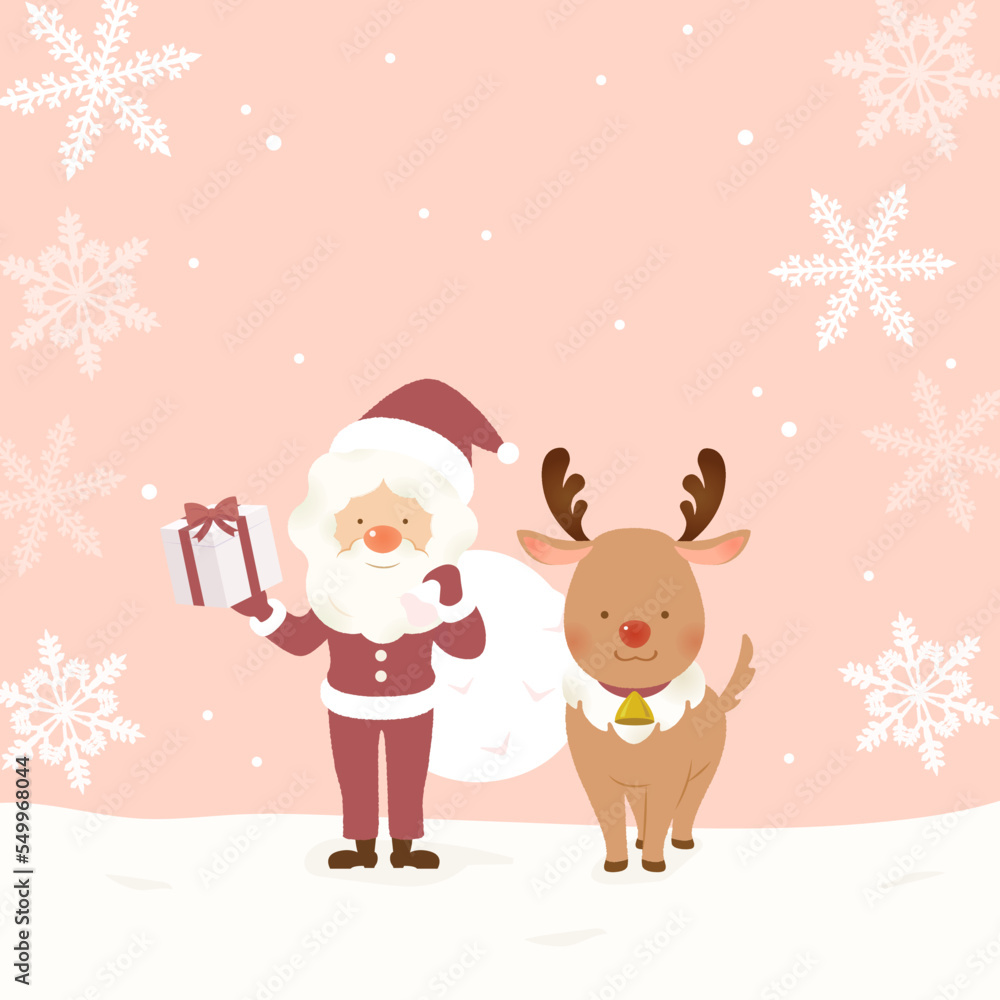 Christmas Illustration of Santa Claus and Reindeer in Snow Field Christmas Illustration of Santa Claus and Reindeer in Snow Field