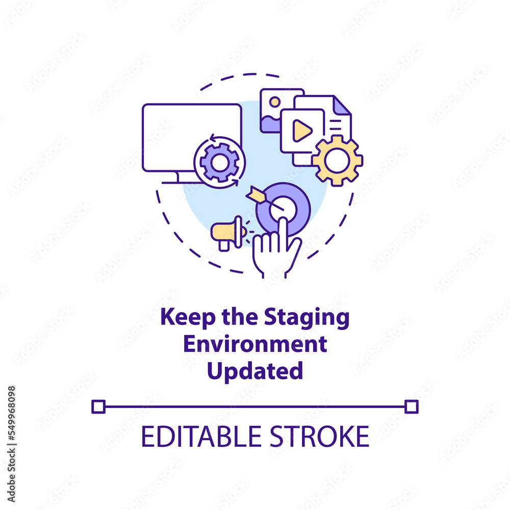 Keep staging environment updated concept icon. Release management process tip abstract idea thin line illustration. Isolated outline drawing. Editable stroke. Arial, Myriad Pro-Bold fonts used