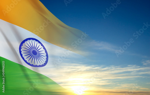 National flag of India on the sky with sunset or sunrise