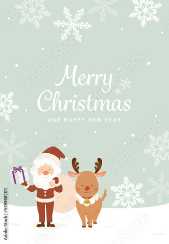Christmas Illustration of Santa Claus and Reindeer in Snow Field © BAMBOO