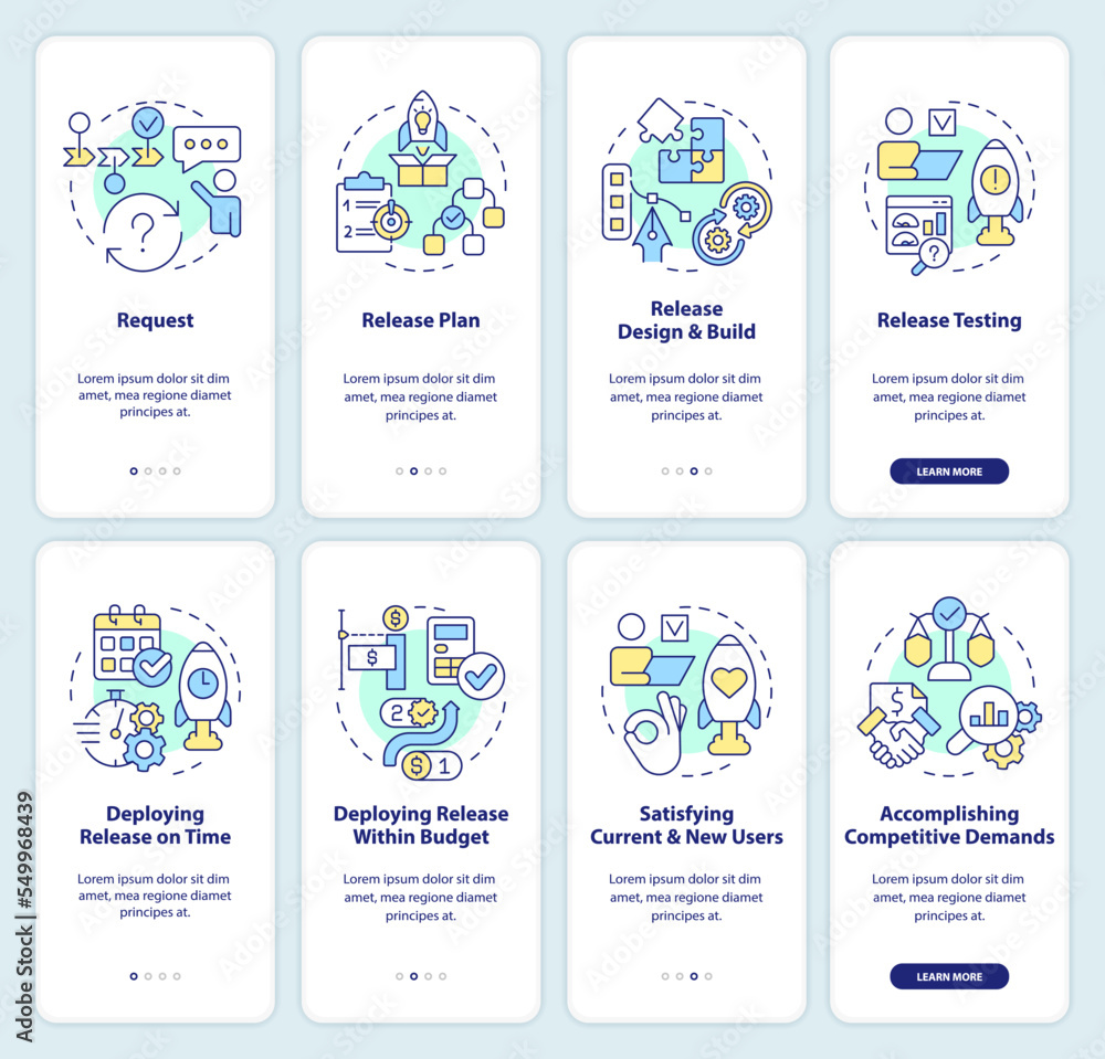 Release management process onboarding mobile app screen set. Walkthrough 4 steps editable graphic instructions with linear concepts. UI, UX, GUI template. Myriad Pro-Bold, Regular fonts used