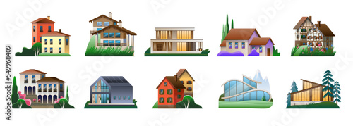 A set of images of village houses in different architectural styles. Vector full-color illustration.