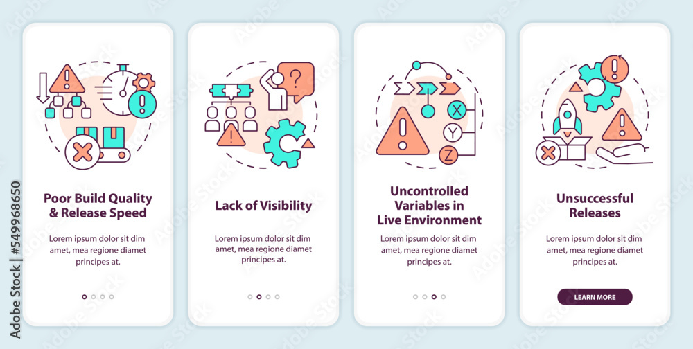 Common release management challenges onboarding mobile app screen. Walkthrough 4 steps editable graphic instructions with linear concepts. UI, UX, GUI template. Myriad Pro-Bold, Regular fonts used