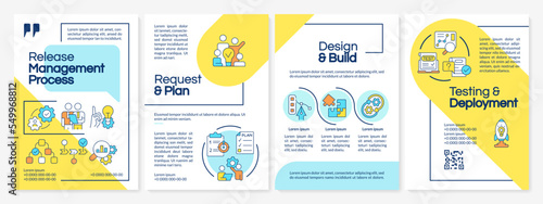Software release management process blue and yellow brochure template. Leaflet design with linear icons. Editable 4 vector layouts for presentation, annual reports. Questrial, Lato-Regular fonts used