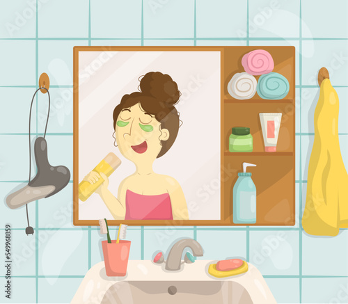 The girl sings in the bathroom after a shower.