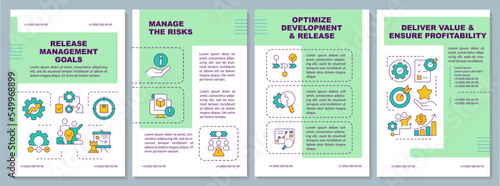 Release management purposes brochure template. Product development. Leaflet design with linear icons. Editable 4 vector layouts for presentation, annual reports. Arial, Myriad Pro fonts used