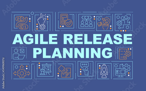 Agile release planning word concepts dark blue banner. Web development. Infographics with editable icons on color background. Isolated typography. Vector illustration with text. Arial-Black font used