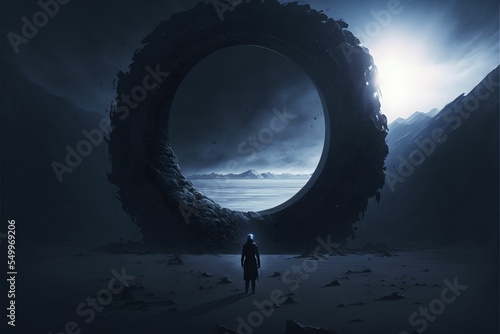 Fototapete Fantasy illustration of a person standing in front of a door for time travel - g