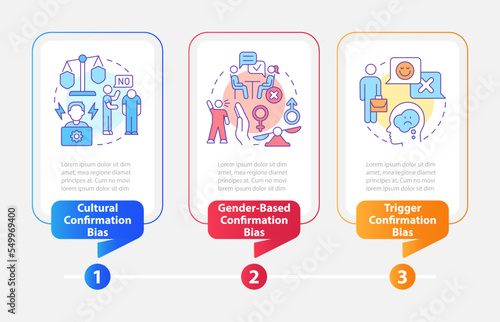 Recruitment confirmation bias rectangle infographic template. Data visualization with 3 steps. Editable timeline info chart. Workflow layout with line icons. Myriad Pro-Bold, Regular fonts used