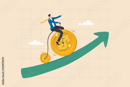 Financial or economy concept, currency exchange or mutual fund with US and EU economics, investing growth or foreign exchange, businessman riding bicycle with dollar and euro wheels up rising graph.
