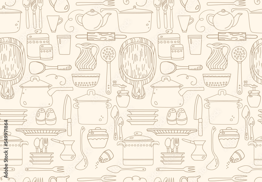 Seamless pattern with kitchen utensils on beige background Seamless pattern with kitchen utensils on beige background