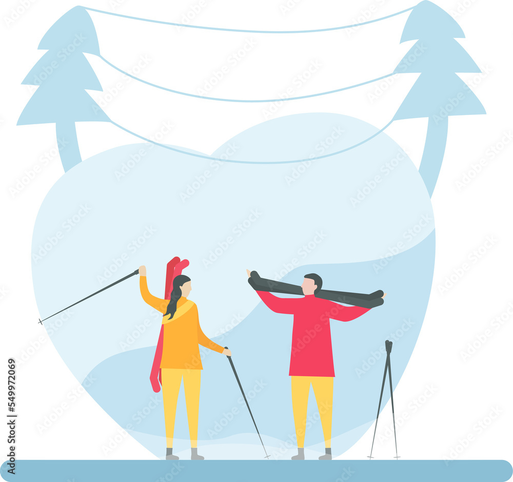 Romantic adults couple play ski. Character design of people in winter season. Illustration in flat style.