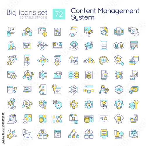 Content management system RGB color icons set. Website optimization. Isolated vector illustrations. Simple filled line drawings collection. Editable stroke. Quicksand-Light font used