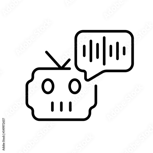 Robot with a speech bubble line icon. Autoresponder, chat bot, operator, call center, support service, hotline, mailing, consultation, provide information. Technology concept. Vector black line icon