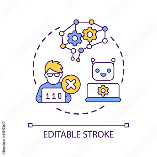 Automate business process concept icon. Integrating robots into workplace. Machine replace human abstract idea thin line illustration. Isolated outline drawing. Editable stroke. Arial font used