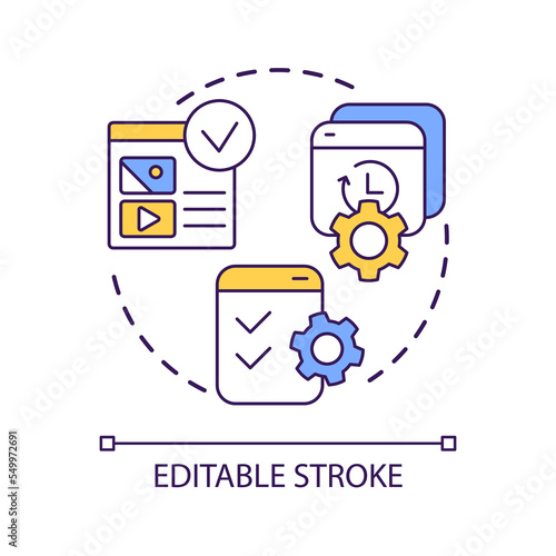 Posting content tools concept icon. Publishing on social media. Multimedia adjustment. Digital data abstract idea thin line illustration. Isolated outline drawing. Editable stroke. Arial font used