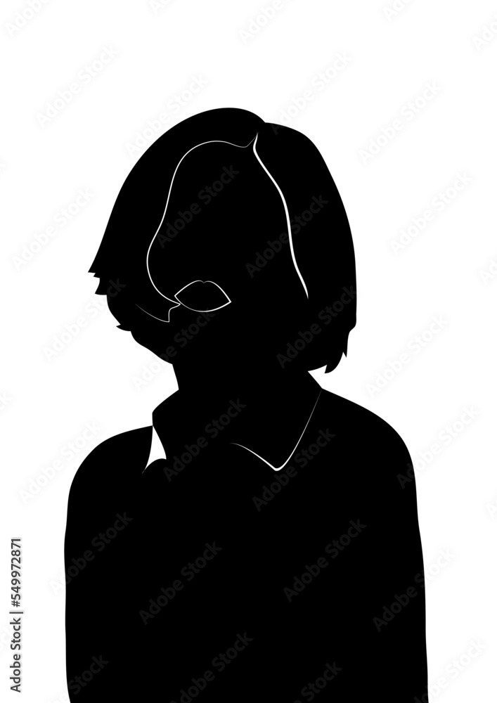 Silhouette profile image of female avatar for social networks. Fashion and beauty. Black white vector illustration.