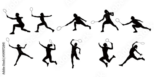 Set of female badminton player silhouette isolated on white background