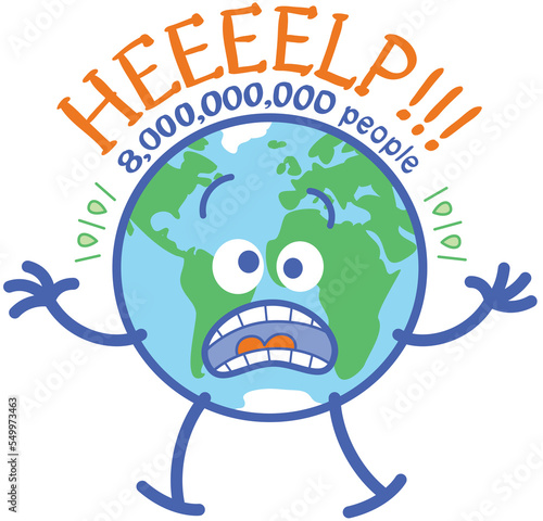 Cartoon planet Earth in panic realizing that there are 8 billion people living on it. The earth screams and sweats asking for help. The image shows the word Help and the current population data