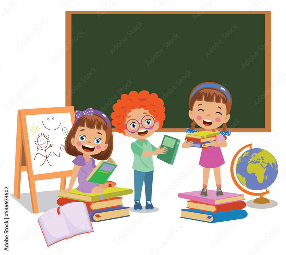 Kids playing with bricks and educational games in kindergarten room. Kids play together in kindergarden. Poster with the place for your text. Playroom with children Kids playing with bricks and educational games in kindergarten room. Kids play together in kindergarden. Poster with the place for your text. Playroom with children