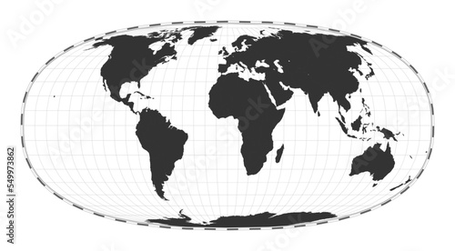 Vector world map. Waldo R. Tobler s hyperelliptical projection. Plan world geographical map with latitude longitude lines. Centered to 0deg longitude. Vector illustration.