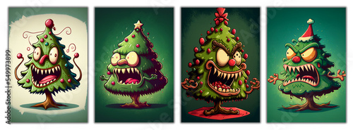 Set of caricatures of Christmas trees. Christmas trees with angry faces