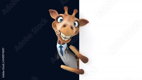 Fun 3D cartoon giraffe doctor with a blank sign (alpha included)