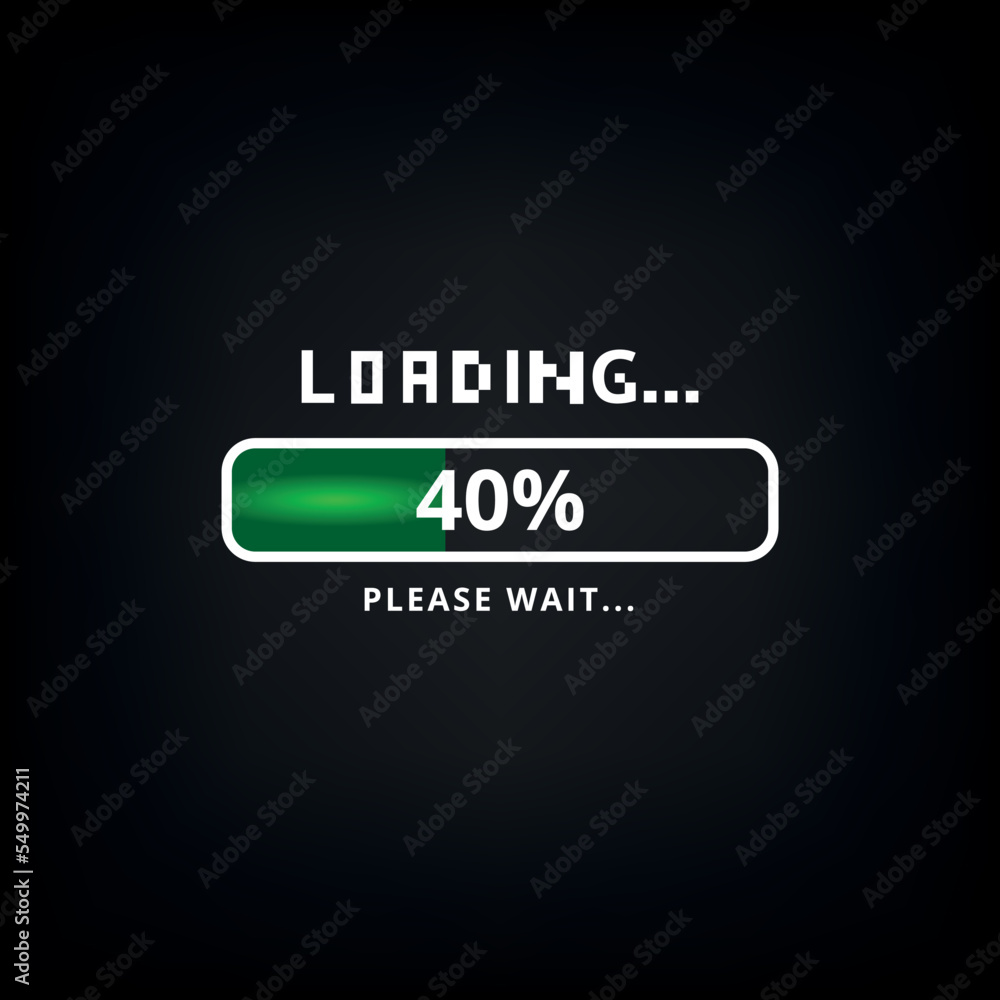 Vector illustration of green loading bar isolated on black background, 40% loaded.