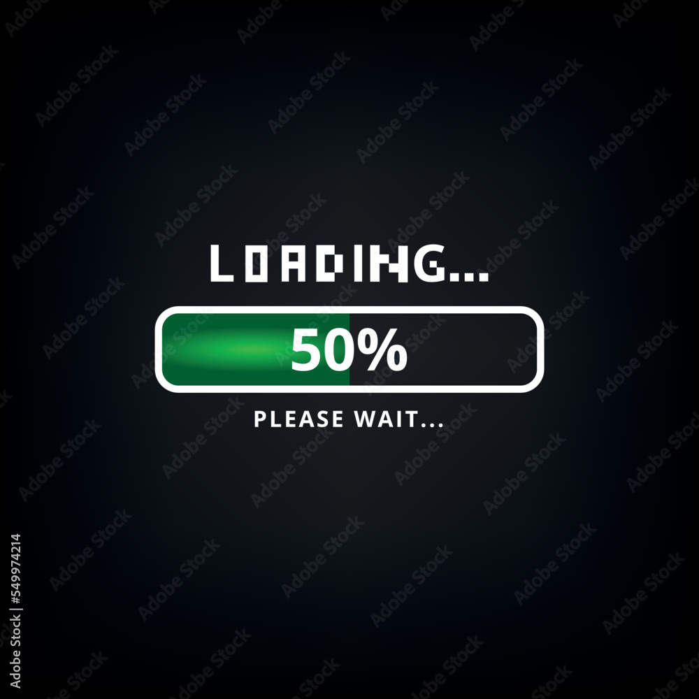 Vector illustration of green loading bar isolated on black background, 50% loaded.